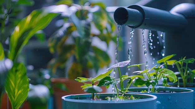 Watering seedling tomato plant in home garden