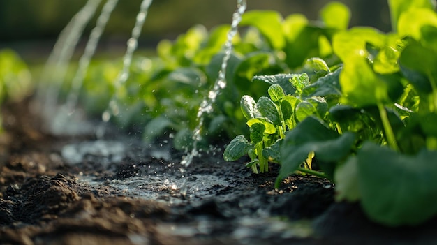 Watering young plants in a garden with sunlight highlighting the fresh leaves and water droplets