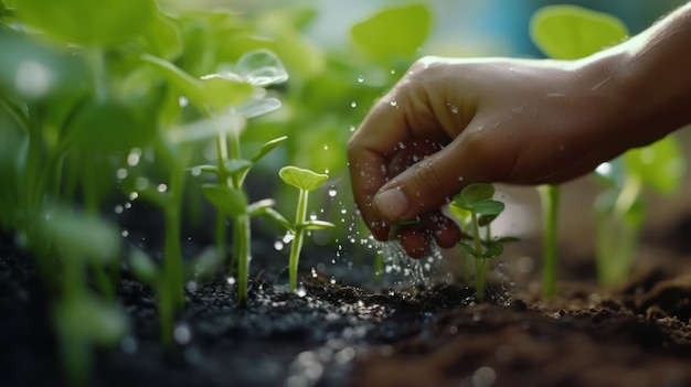 Watering Young Plants in a Garden