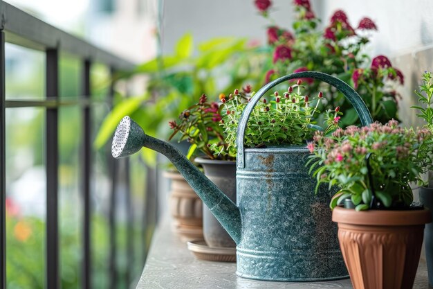 Photo wateringcan and plants in pots on porch home