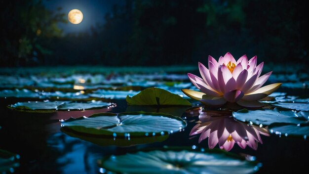 A waterlily and sunlight reflections on the water surface