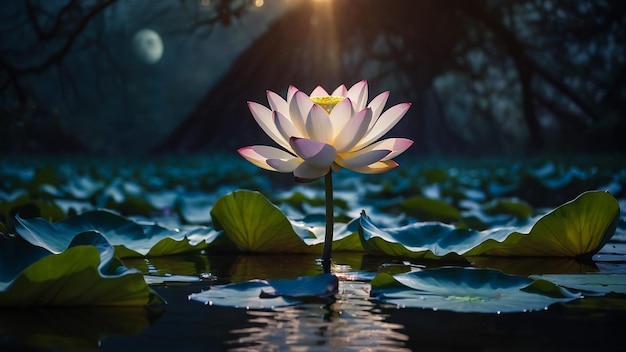 A waterlily and sunlight reflections on the water surface