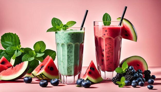 Watermelon Blueberry Mint Smoothie in Glasses