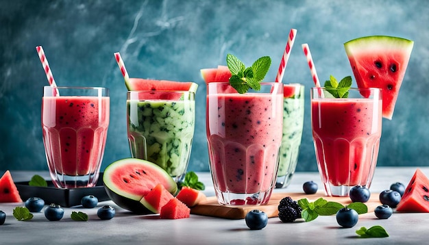 Watermelon Blueberry Mint Smoothie in Glasses