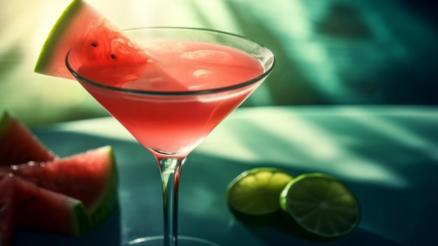 Watermelon cocktail on the table with sun shadows Tropical concept Creative resource AI Generated