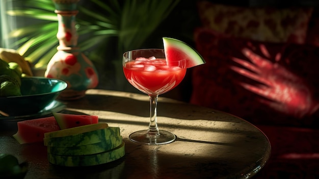 Watermelon cocktail on the table with sun shadows Tropical concept Creative resource AI Generated