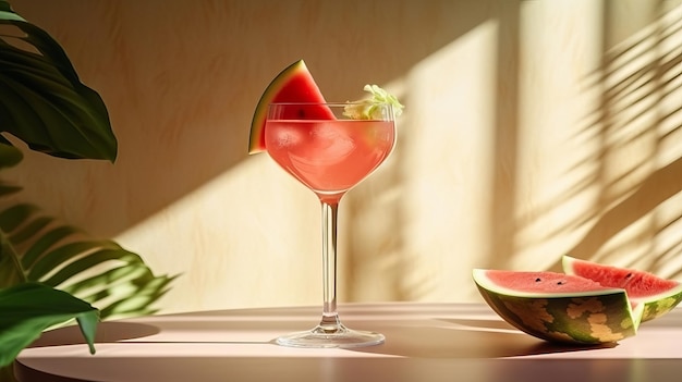 Watermelon cocktail on the table with sun shadows Tropical concept Creative resource AI Generated