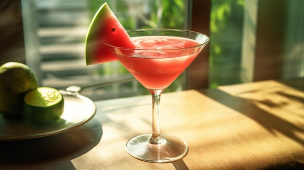 A watermelon cocktail with a slice of watermelon on the rim