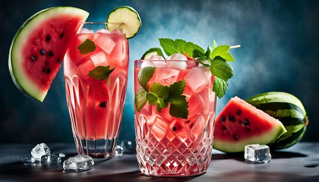 Watermelon cooler in a glass with ice and cucumber slices