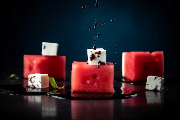 Watermelon cubes with a splash of chocolate on the table