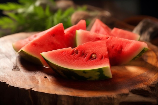 a watermelon cut in half sits on a wooden board