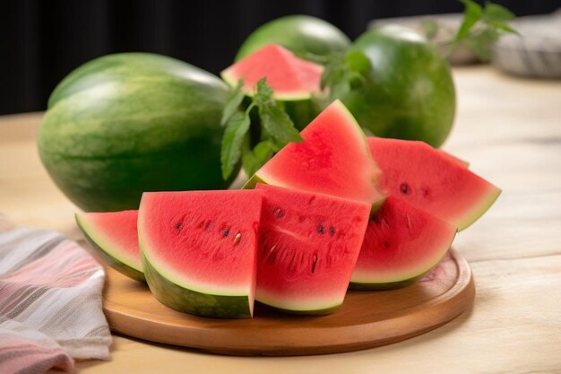 a watermelon cut in half sits on a wooden plate with a knife and a knife