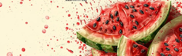 Photo watermelon day concept art sliced watermelon with seeds and juice splashes for summer and seasonal promotions