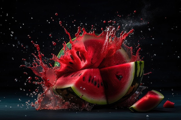 Watermelon explosion on black background illustration generative ai