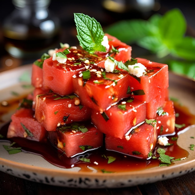 Watermelon Feta salad with balsamic sause dressing garnished with mint leaf Summer dish Healthy eating concept Close up of a fresh juicy watermelon salad with feta cheese mint and balsamic AI