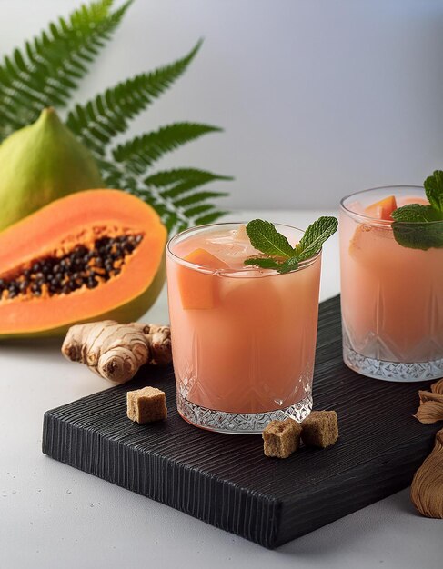 a watermelon and a glass of water with a leaf on it