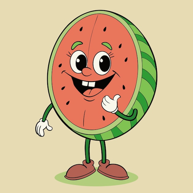 Watermelon groovy style cute cartoon character with face arms and legs vector illustration