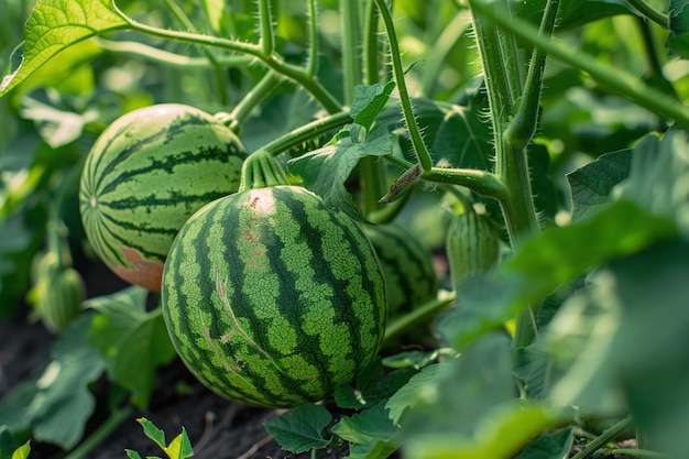 watermelon growing in a field with a few other watermelons