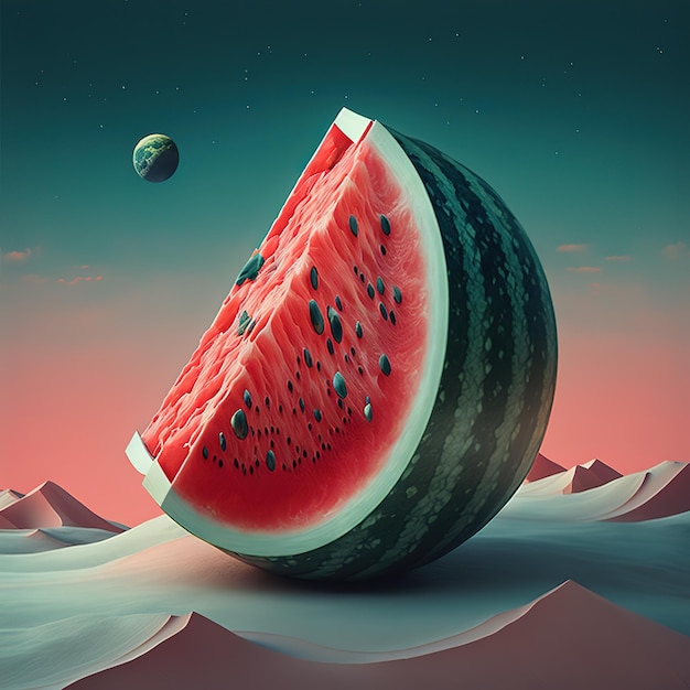 A watermelon is on a desert with a planet in the background.