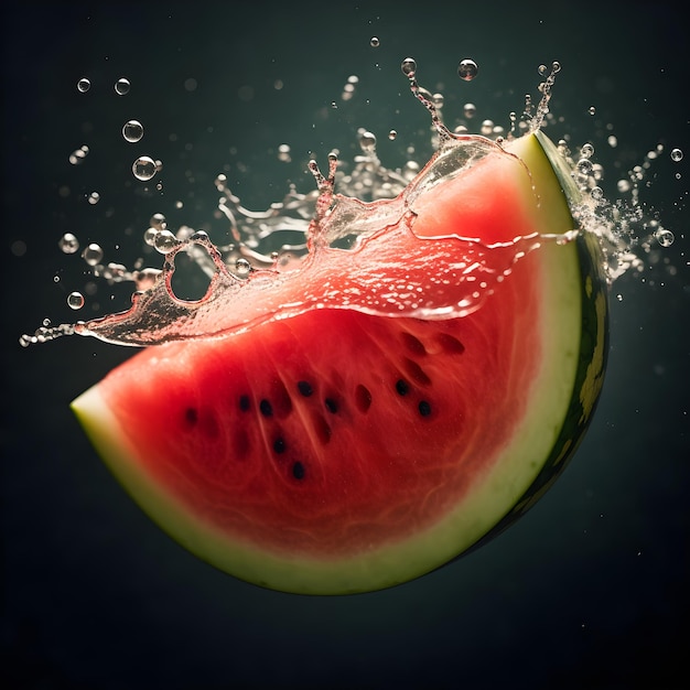 A watermelon is falling into the air and it is flying in the air.