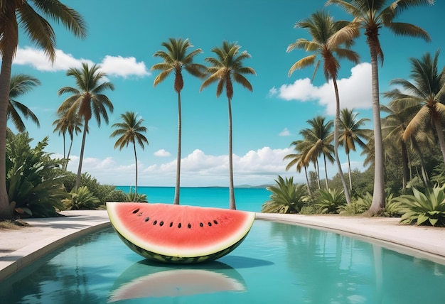 Photo a watermelon is sitting in a pool with palm trees in the background