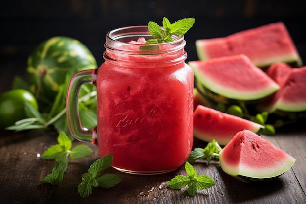 Watermelon Juice in Mason Jar with Ice and Lime Watermelon Juic image photography