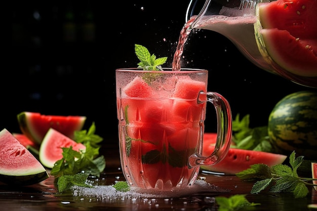 Watermelon Juice Pouring from Blender with Mint Watermelon Juic picture photography