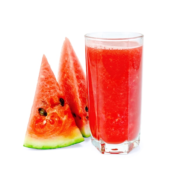 Watermelon juice in a tall glass with two pieces of watermelon isolated on white background