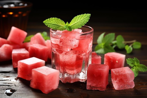 Watermelon Juice with Ice Cubes and Mint Garnish Watermelon Juic picture photography