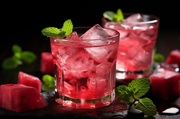 Watermelon Juice with Ice Cubes and Mint Garnish Watermelon Juic picture photography