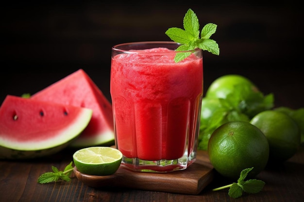 Watermelon Juice with Mint Leaves and Lime Garnish Watermelon Juic picture photography