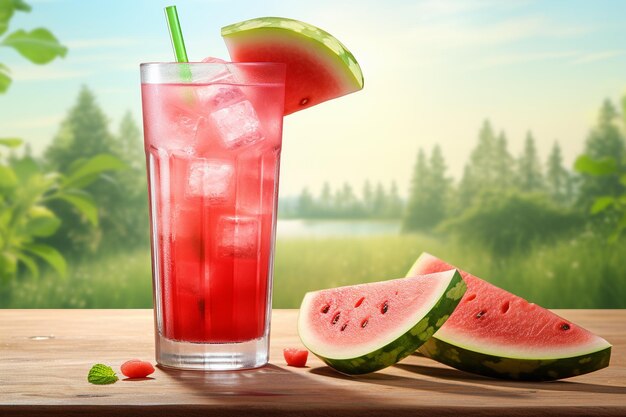 Watermelon juice with red fruit slices on white