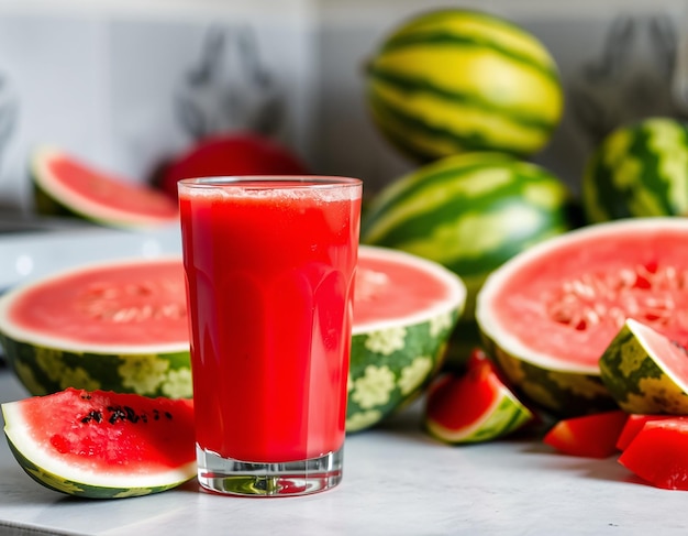 Watermelon juice with watermelon fruit arranged on table