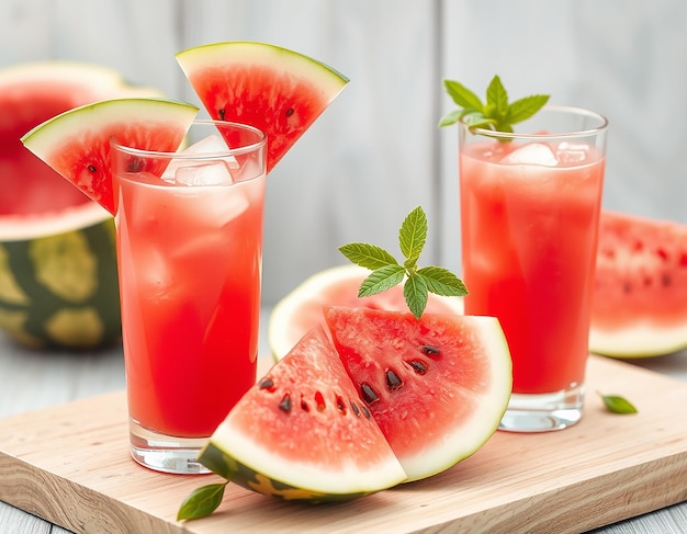 Watermelon juice with watermelon fruit arranged on table