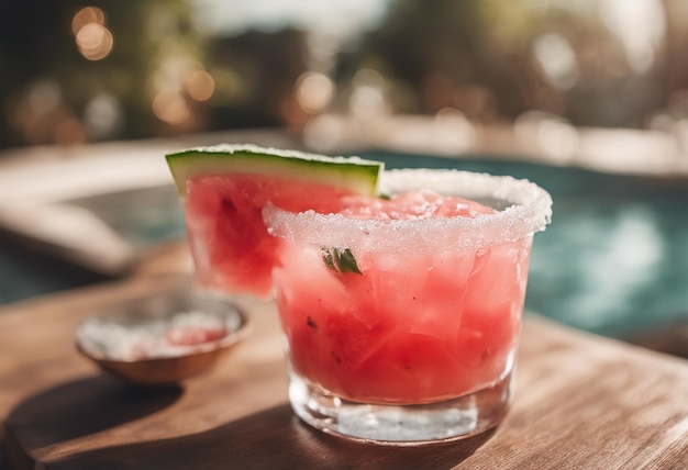 Watermelon margarita cocktail with ice and mint in a glass