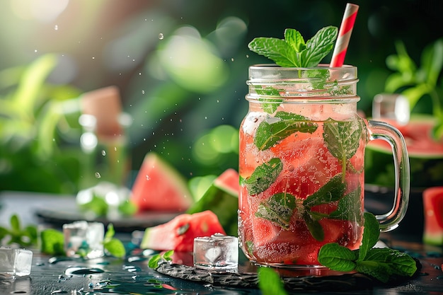 Watermelon mojito cocktail with mint and ice Summer refreshing drink