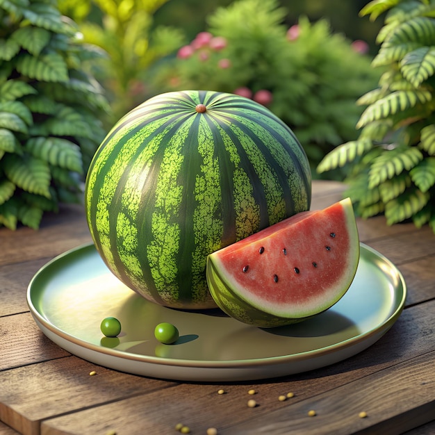 a watermelon on a plate with green leaves and a watermelon on it