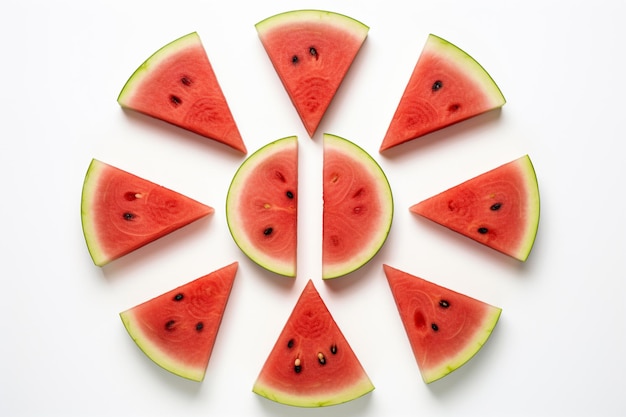 Watermelon quarters arranged symmetrically on white natural snack fruit Watermelon image