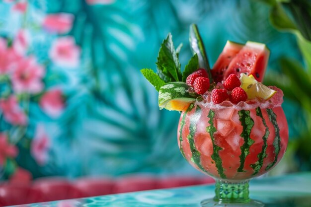 Photo watermelon refresher with raspberries and mint