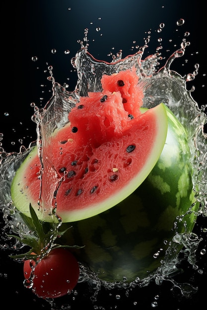 Watermelon ripe with flying splash over a green background