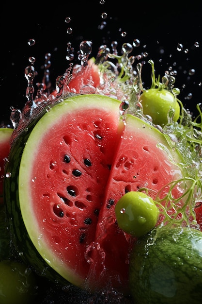 Watermelon ripe with flying splash over a green background