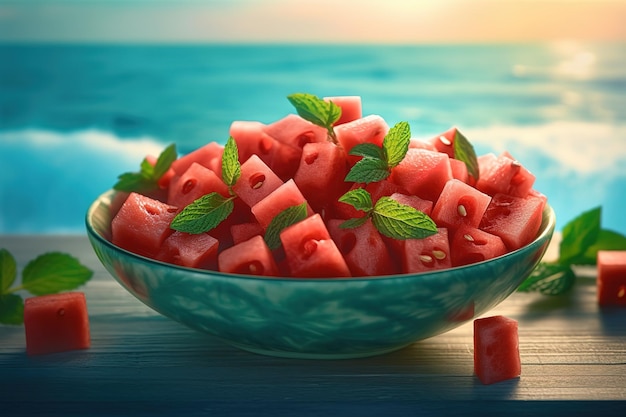 Watermelon salad in a bowl on a wooden table with a sunset in the background