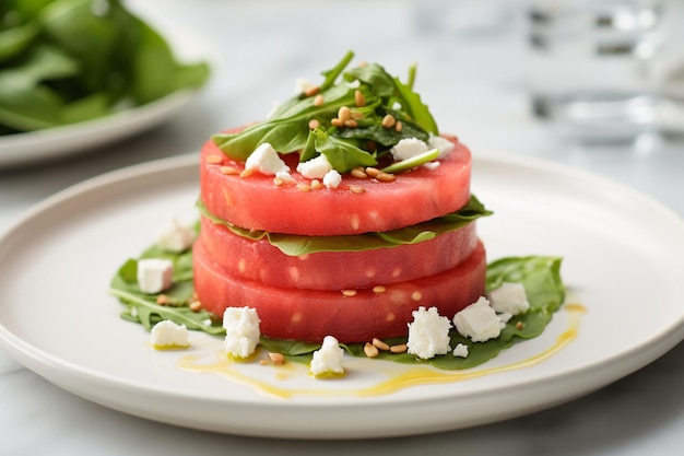 Watermelon salad on white plate