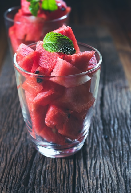 Watermelon Slice Cocktail on wood table.