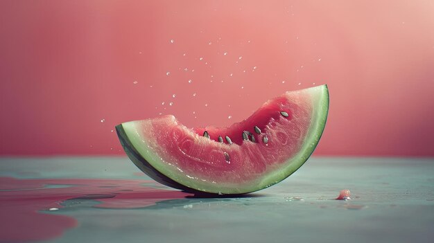 Watermelon slice falling into the water with splashes of water on a pink background