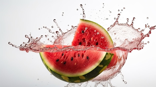 Watermelon slices are being dropped into a water drop.