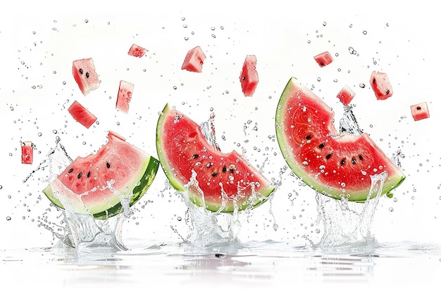 watermelon slices are being splashed with water