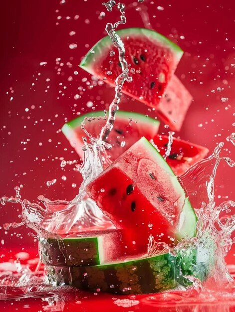 Photo watermelon slices are being splashed