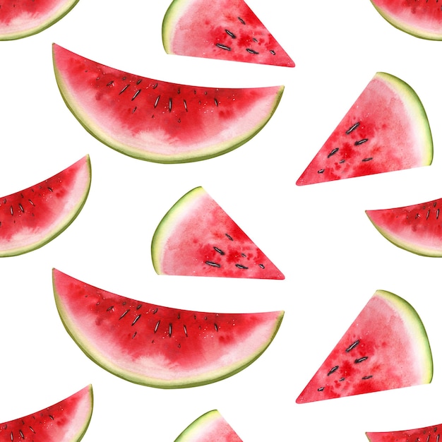 Watermelon slices are red on a white background Watercolor illustration a simple seamless pattern For fabric textiles menus covers advertising packaging paper print clothing bed linen