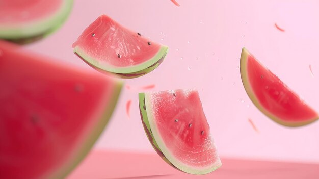 Watermelon Slices Falling Through Pink Mist